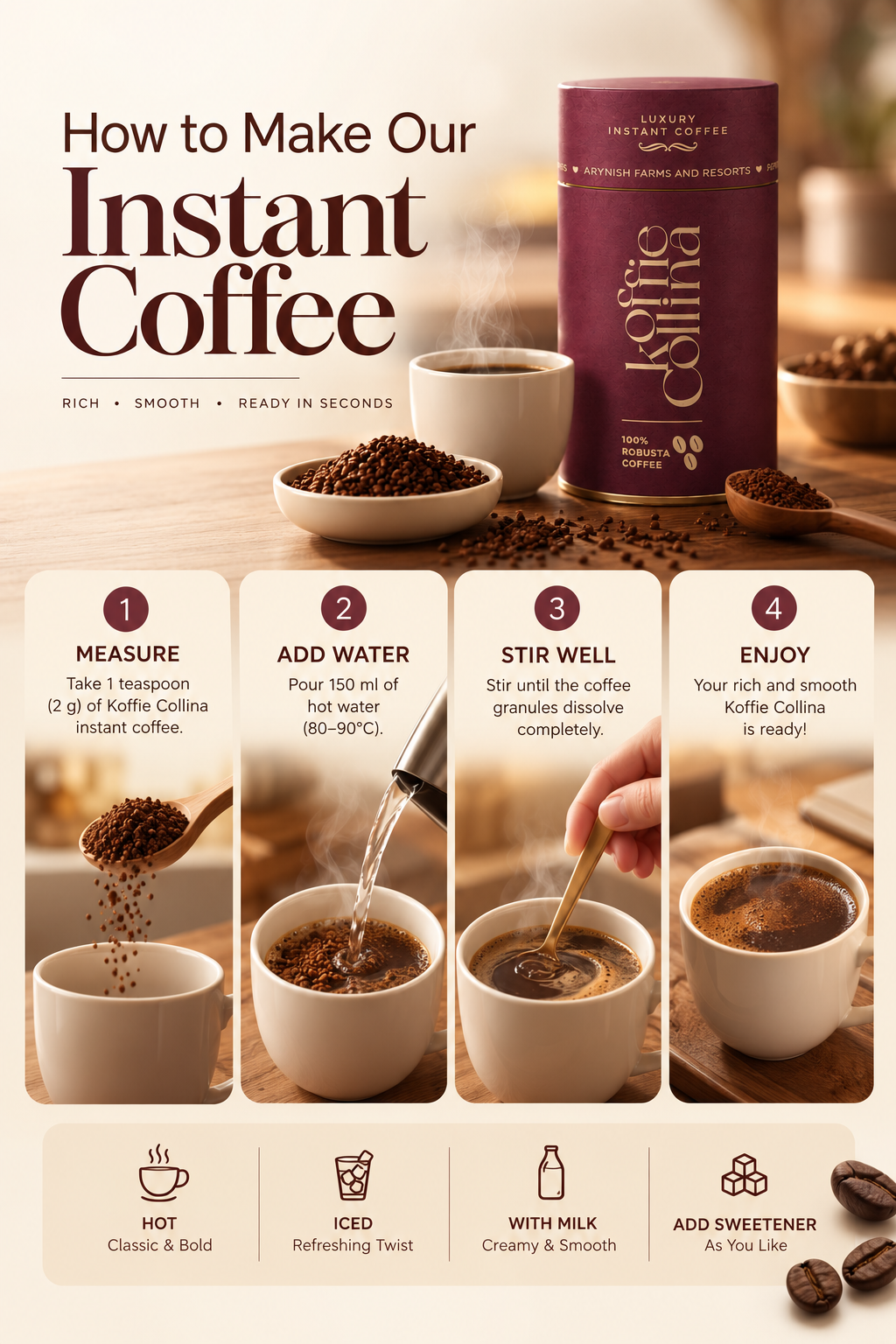 A cup in about a minute. One: add one heaped teaspoon (2 g) to 150 ml of water just off the boil. Two: stir for ten seconds. Three: add milk and sugar to taste — the crema settles on its own. Pro tip: use water just off the boil for the best aroma and crema.