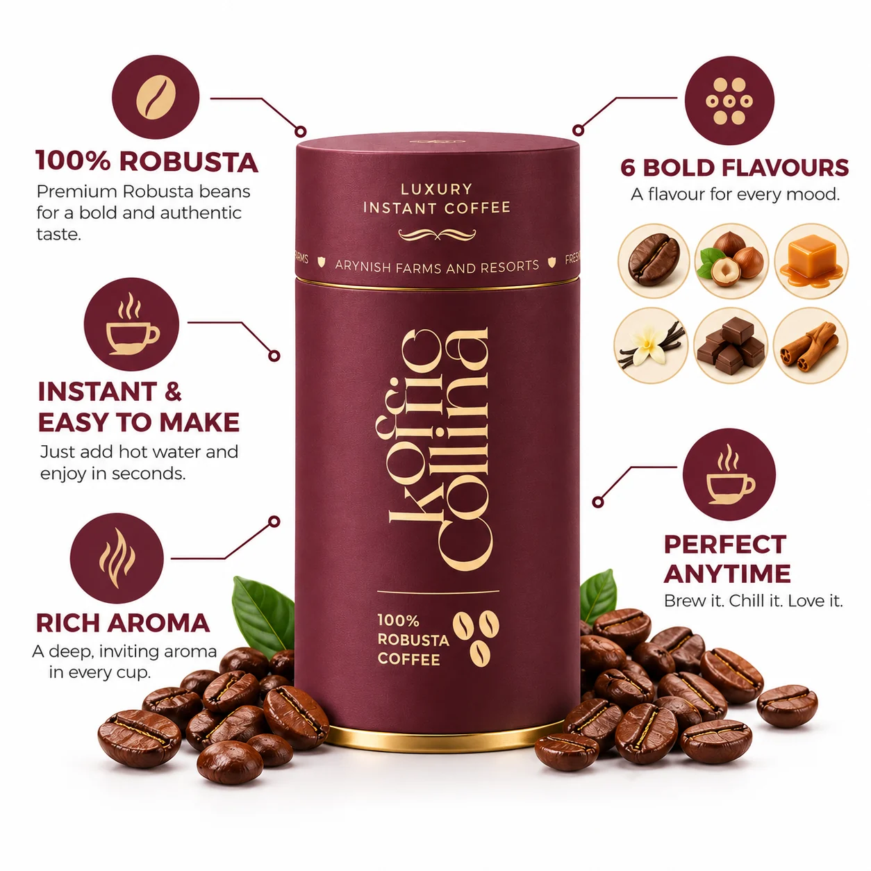 A Koffie Collina luxury instant coffee tin among roasted coffee beans. Absolute Robusta: premium Robusta beans for a bold and authentic taste. Instant and easy to make: just add hot water and enjoy in seconds. Rich aroma: a deep, inviting aroma in every cup. 6 bold flavours: a flavour for every mood. Perfect anytime: brew it, chill it, love it.
